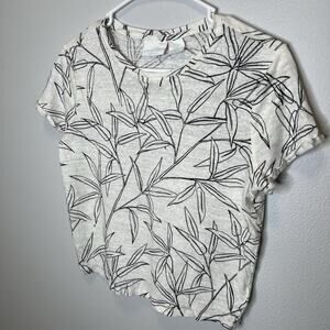 Cynthia Rowley Womens Ivory Black Floral Print 100% Linen Short Sleeve Top Med